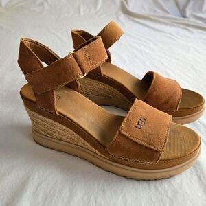 UGG Ileana Strap Wedge Heels 7.5 Brown Suede & Jute Wrapped Heel